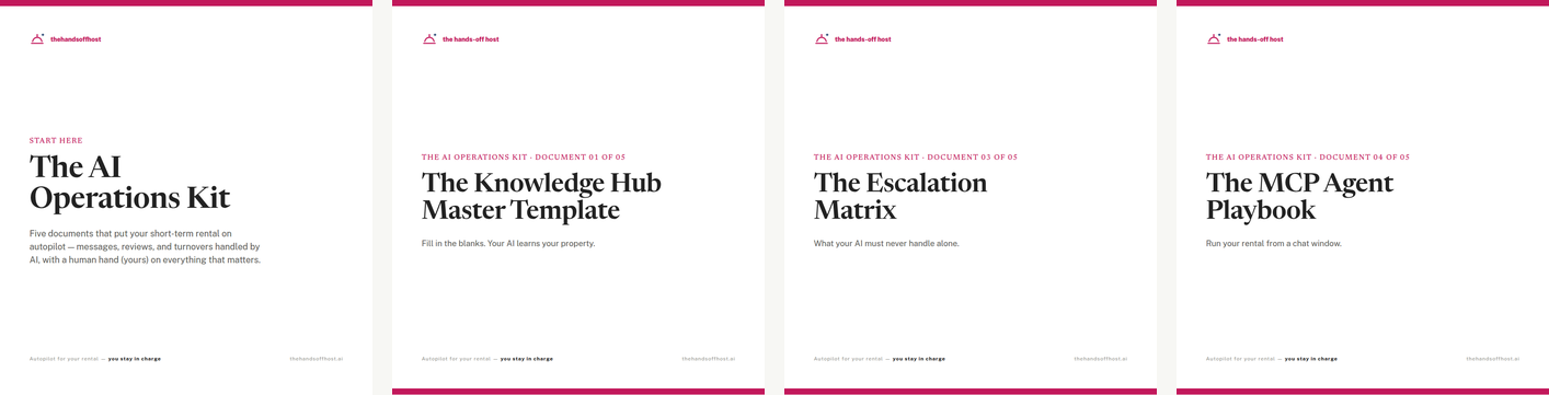 Four of the kit's branded documents — Start Here, the Knowledge Hub Master Template, the Escalation Matrix, and the MCP Agent Playbook